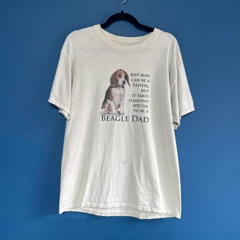 Vintage Funny Beagle Shirt Men's Size Large Cotton Father Dog Retro Cream Puppy